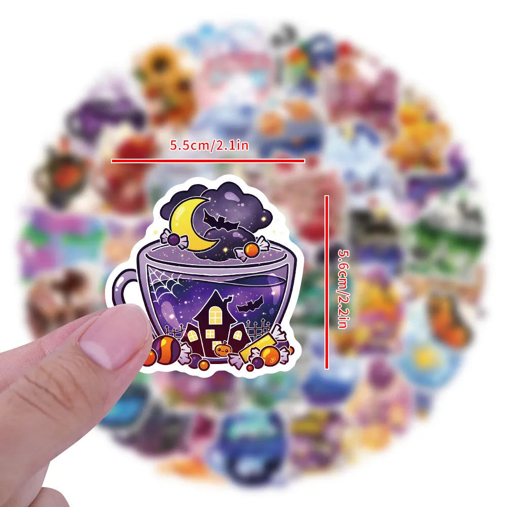 Pack of 50 colourful tea cup graffiti design waterproof stickers for DIY personalisation on scooters and luggage.