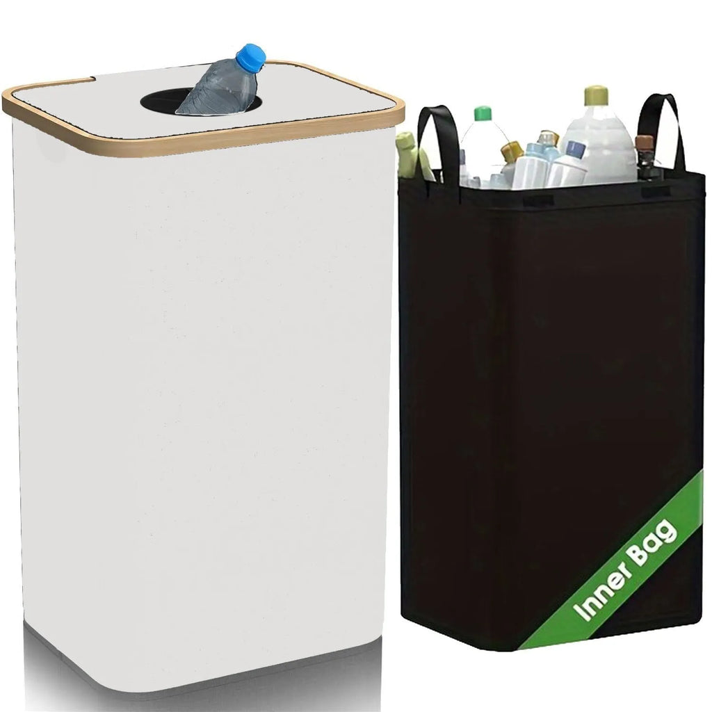 Black bamboo laundry basket with removable interior, fitted lid and double inner pockets
