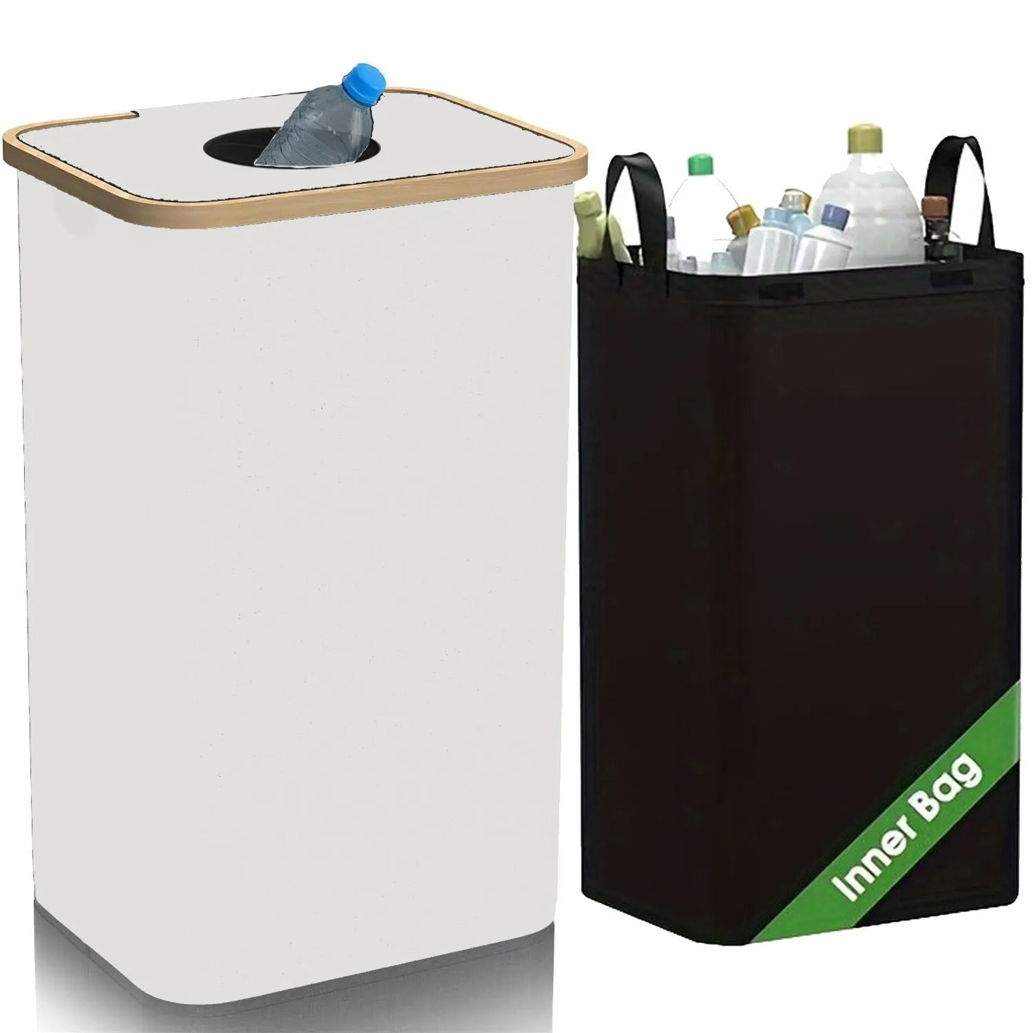 Black bamboo laundry basket with removable interior, fitted lid and double inner pockets
