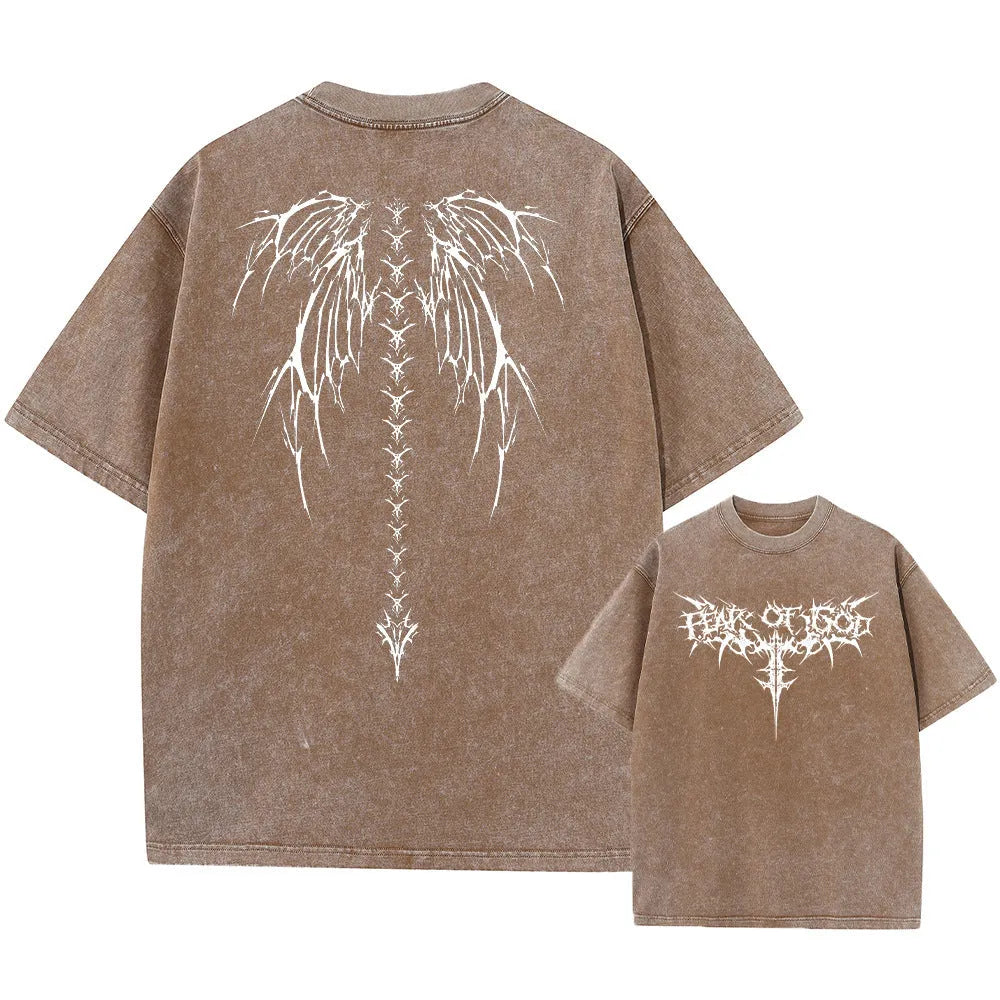 Men's oversized loose-fit cotton t-shirt with drop-shoulder short sleeves on a hanger.