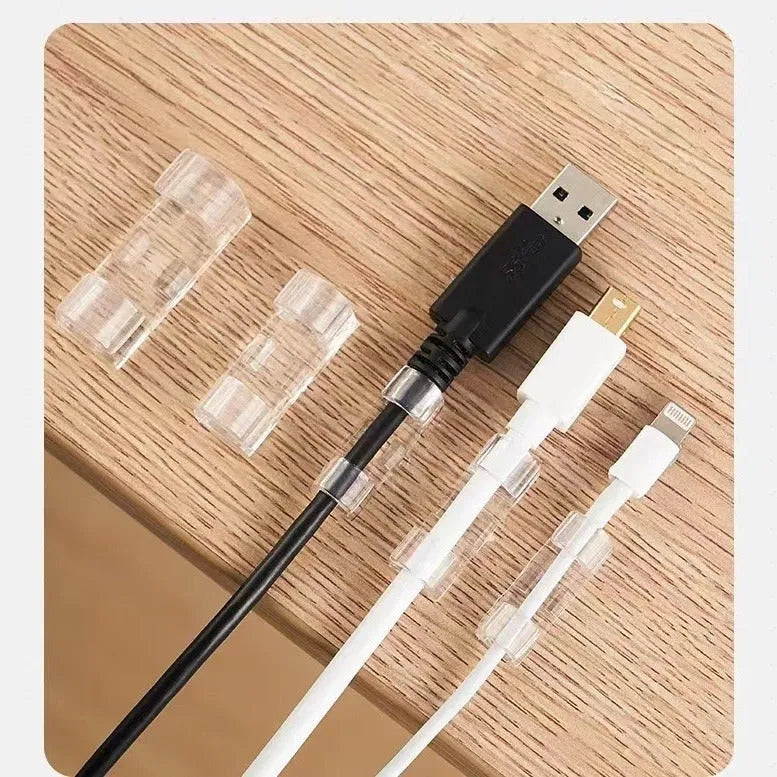 Transparent plastic self-adhesive cable management snap clips in a pack of 20.