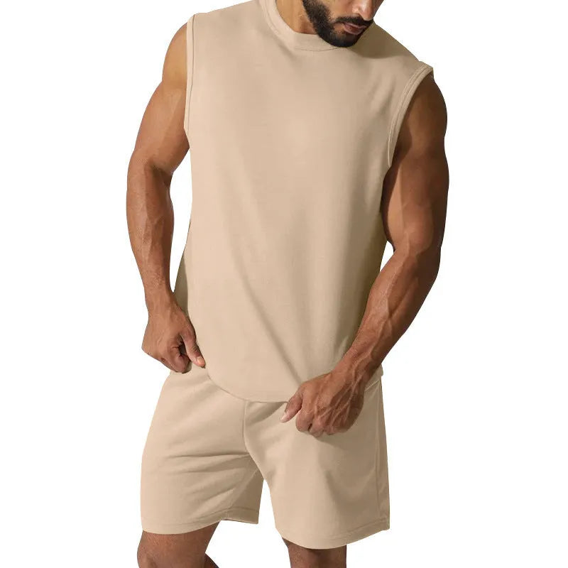 Men's sleeveless cotton-blend top and matching shorts casual sports set in army green
