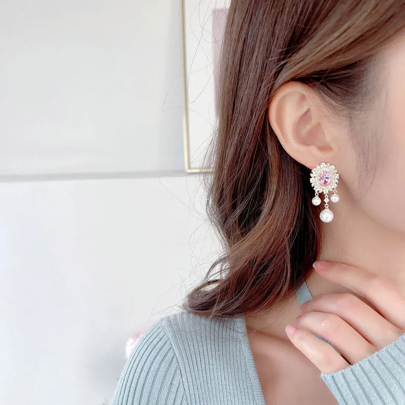 Oval geometric pearl tassel earrings with zircon inlaid stones in light purple colour