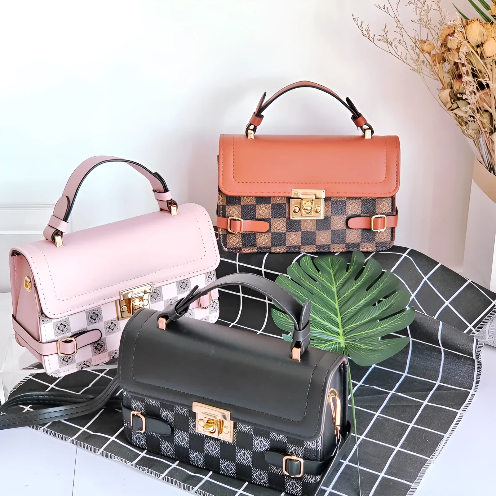 Retro square pattern crossbody bag in apricot colour with ethnic stitching and flower decoration
