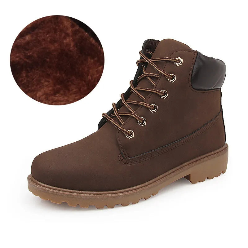Men's pink Martin boots with velvet lining, round toe design and front lace-up closure