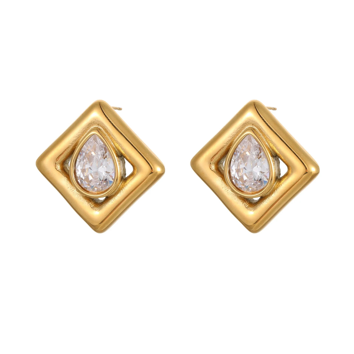 Gold coloured geometric stud earrings with an inlaid water drop zircon stone.