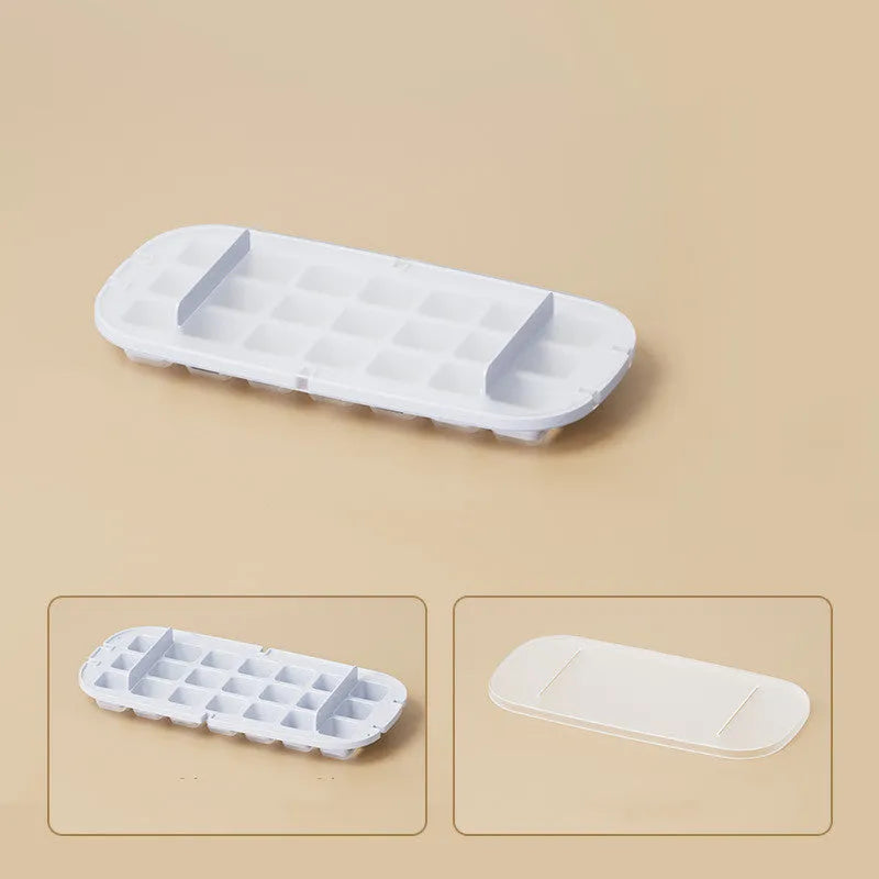 Food-grade plastic high capacity ice cube tray with grid and stored ice shovel in blue colour.
