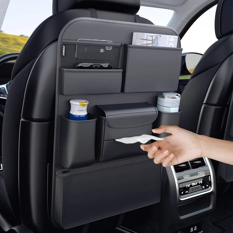 Black leather hanging storage bag for the back of a car seat