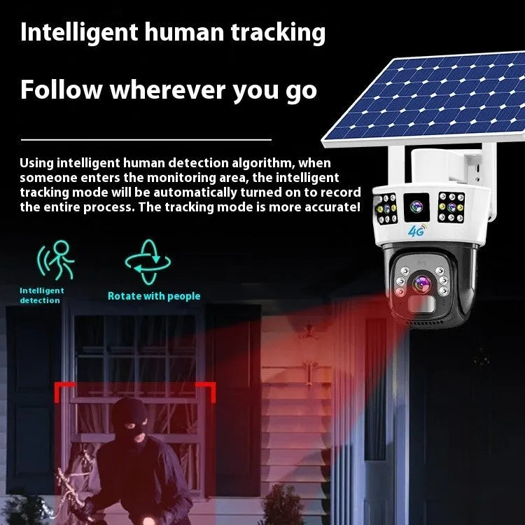 Solar-powered outdoor surveillance camera with three-screen display and solar panel