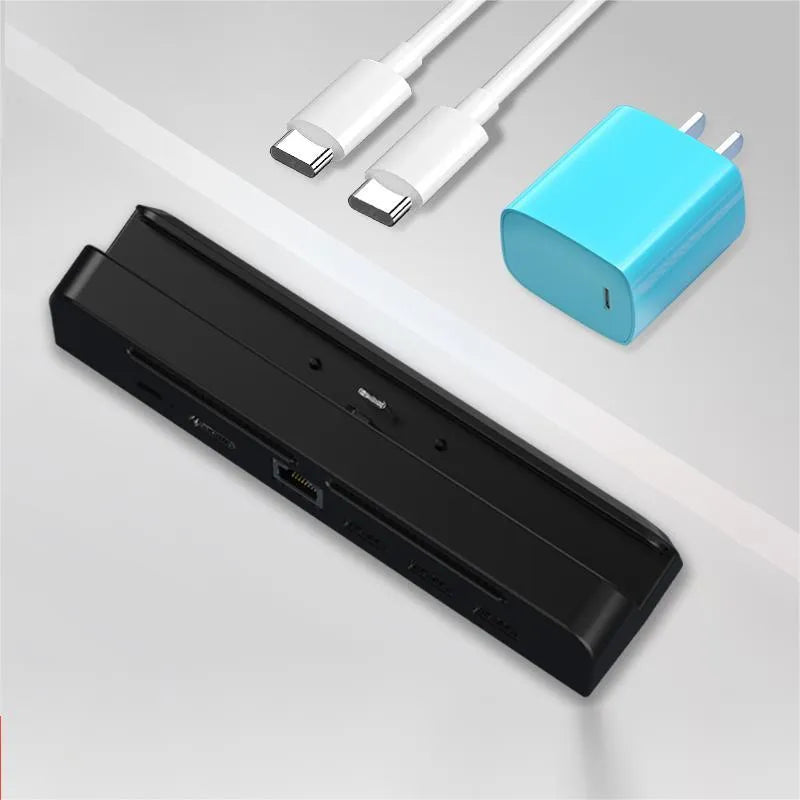 Black game console adapter with aluminium alloy housing showing HDMI port and Type-C charging connection
