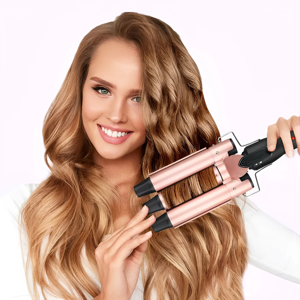 All-in-one three-barrel water wave hair curler and straightener with power cord.