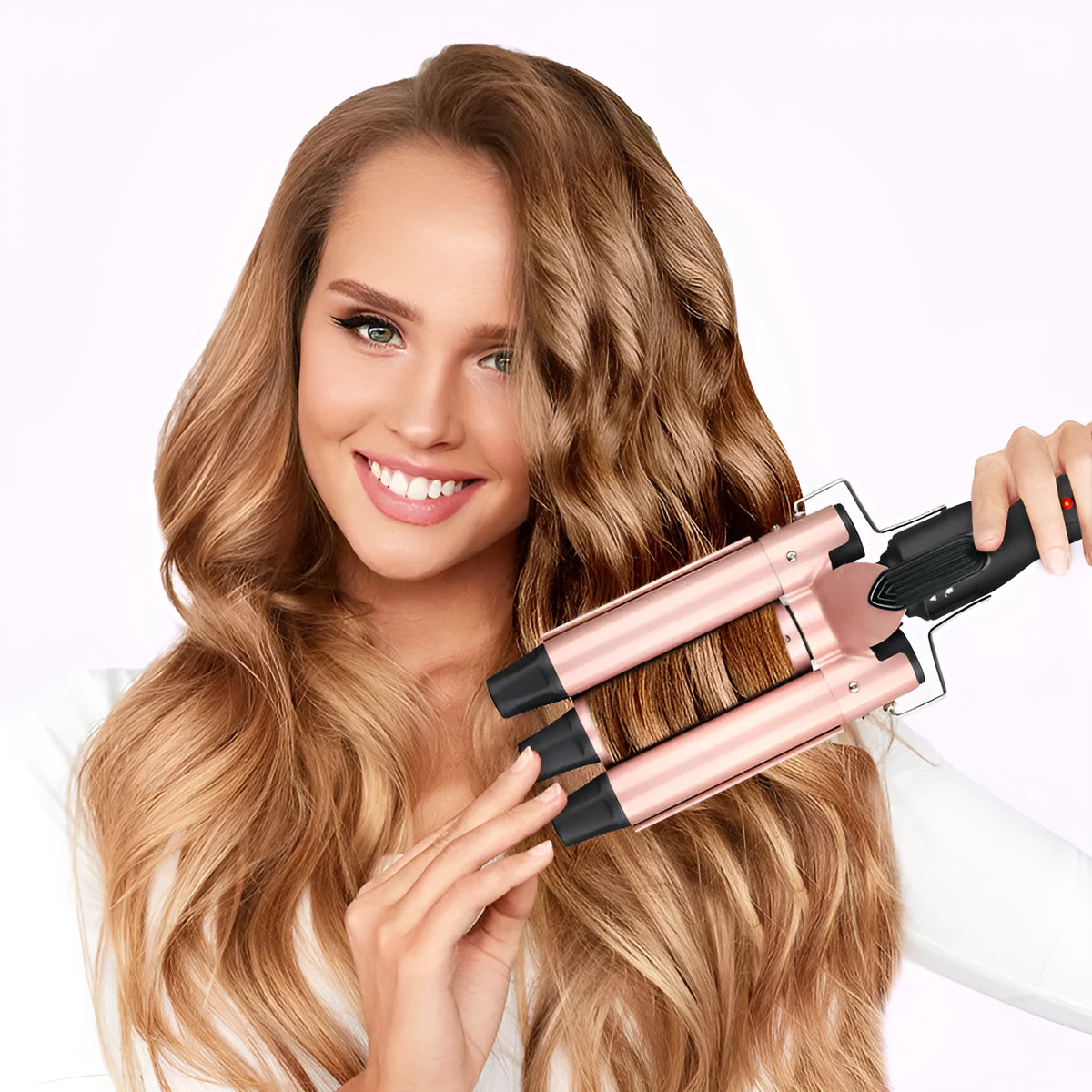 All-in-one three-barrel water wave hair curler and straightener with power cord.