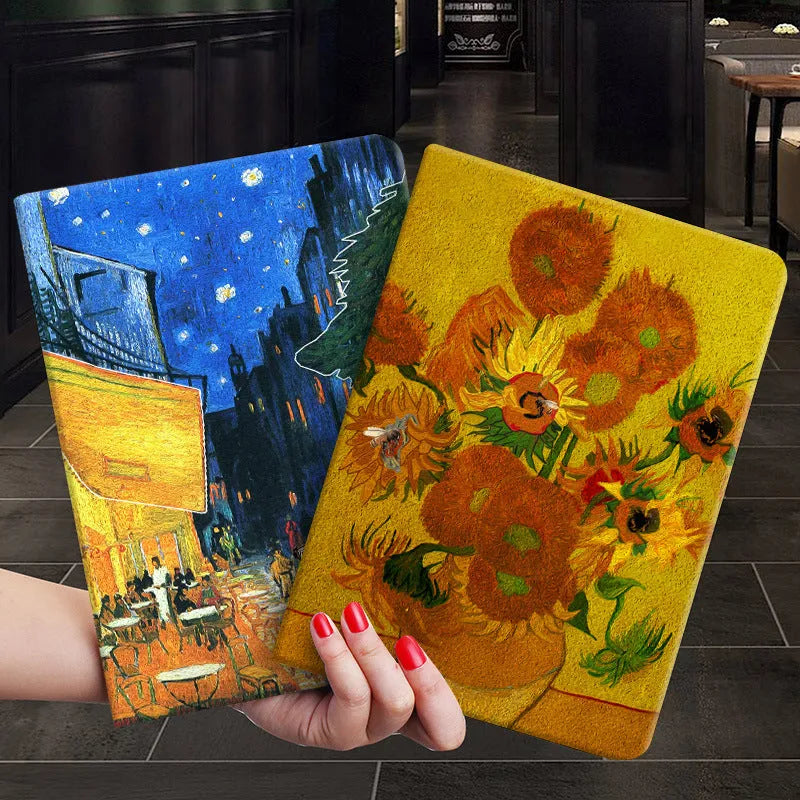 Handmade liquid silicone iPad flip case with floral design, shown open next to an iPad.