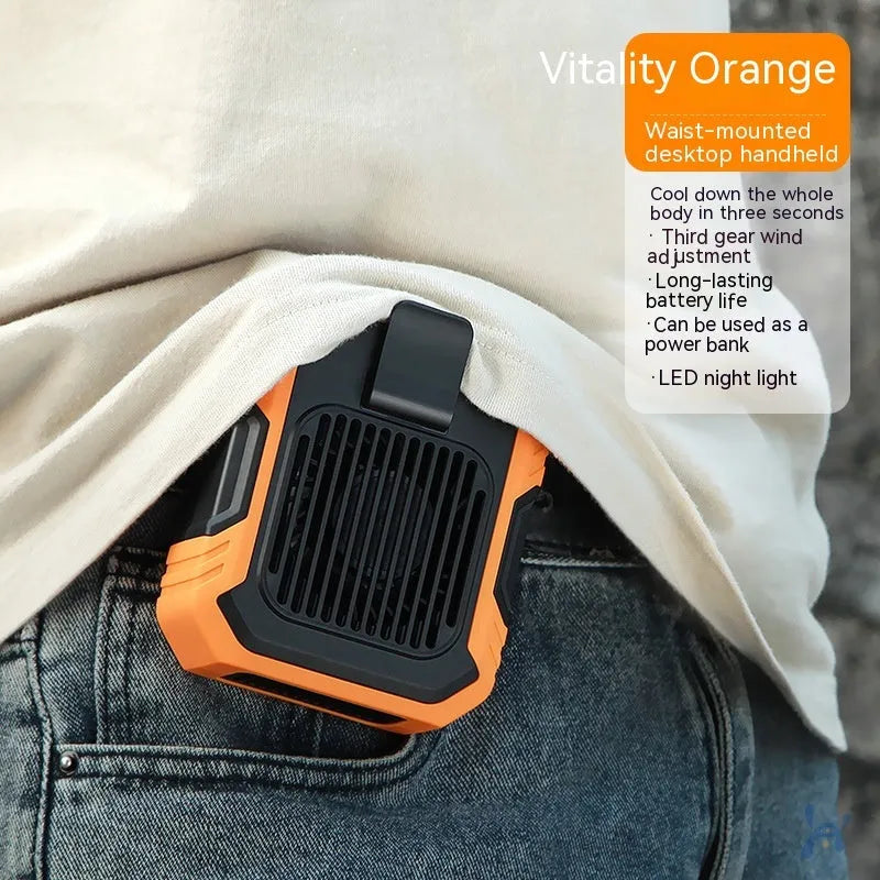 Green wrist-mounted portable fan with USB charging port, LED light, and adjustable strap.
