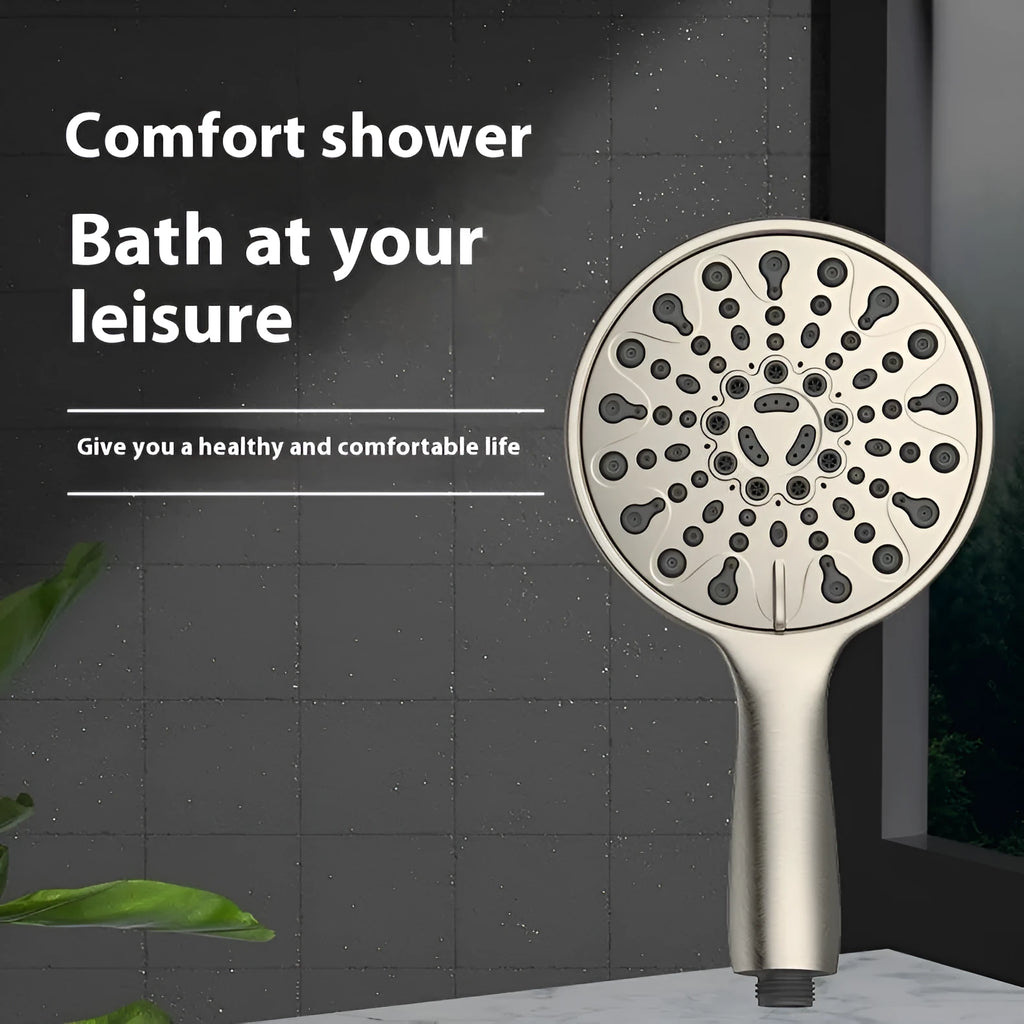 Six-function handheld shower head with electroplated finish showing massage, bubble, and rain mode settings