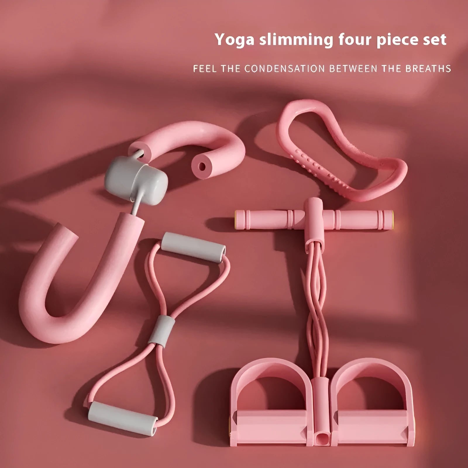Yoga four-piece set showing leg beauty device, yoga ring, pedal tension device and figure-eight tension rope for home fitness