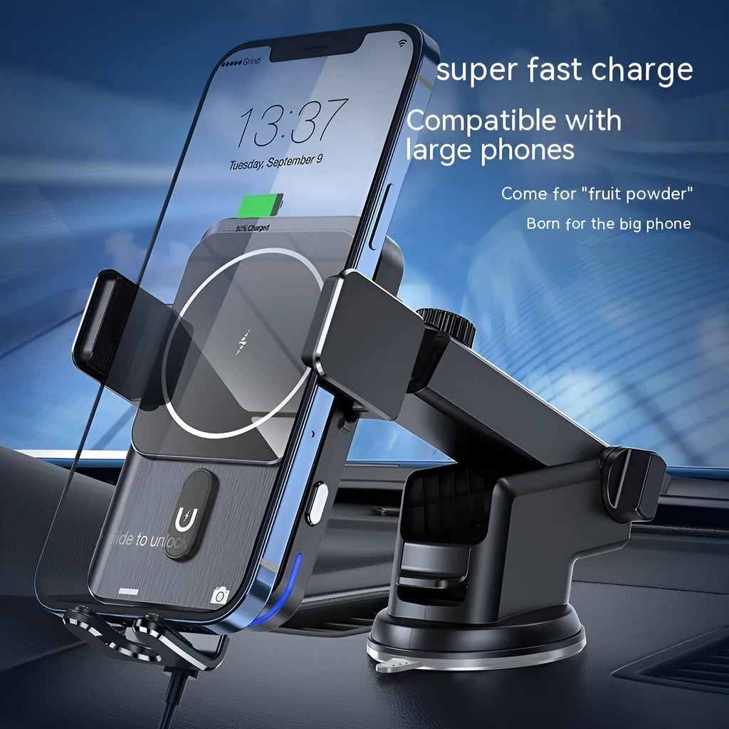Black car wireless phone charger holder showing 15W charging and clip/suction cup mounting options