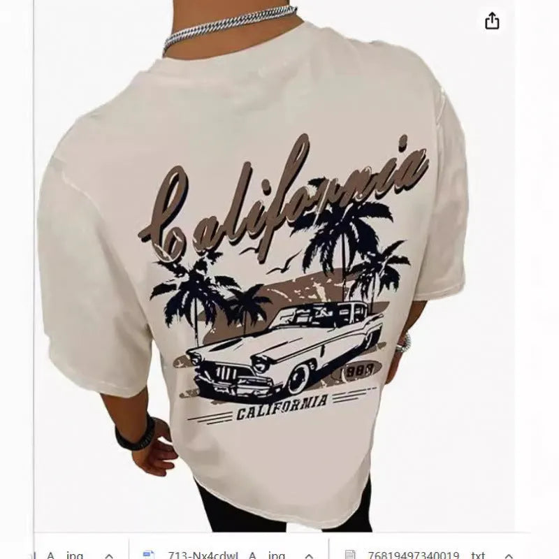 Printed men's short sleeve sports T-shirt with digital pattern design on polyester fabric.