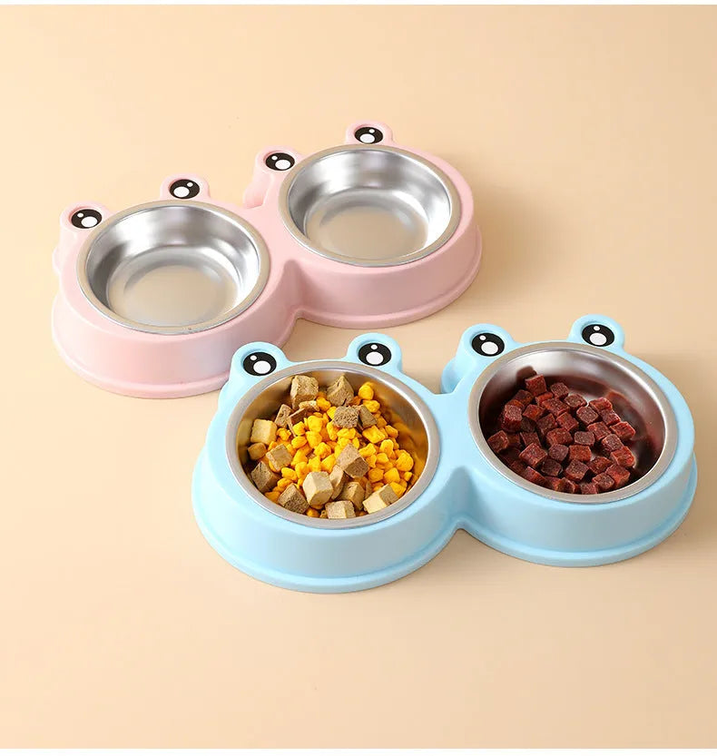 Blue stainless steel one-piece double bowl for pet food and water.