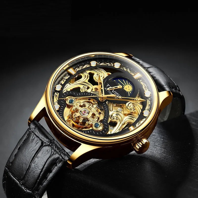 Men's automatic mechanical watch with waterproof case and leather strap in gold or white colour options