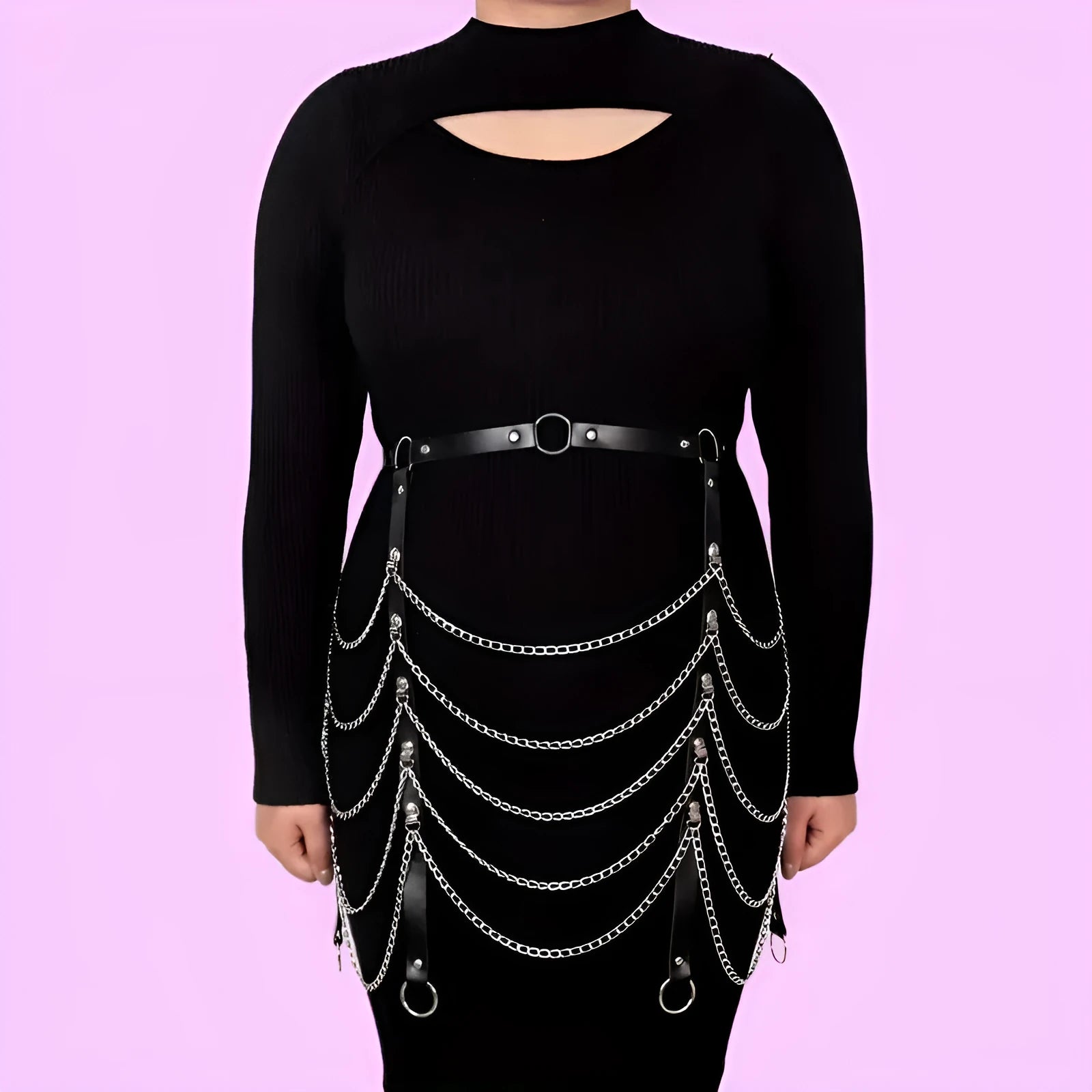 Black PU leather bandage binding waist chain accessory for women