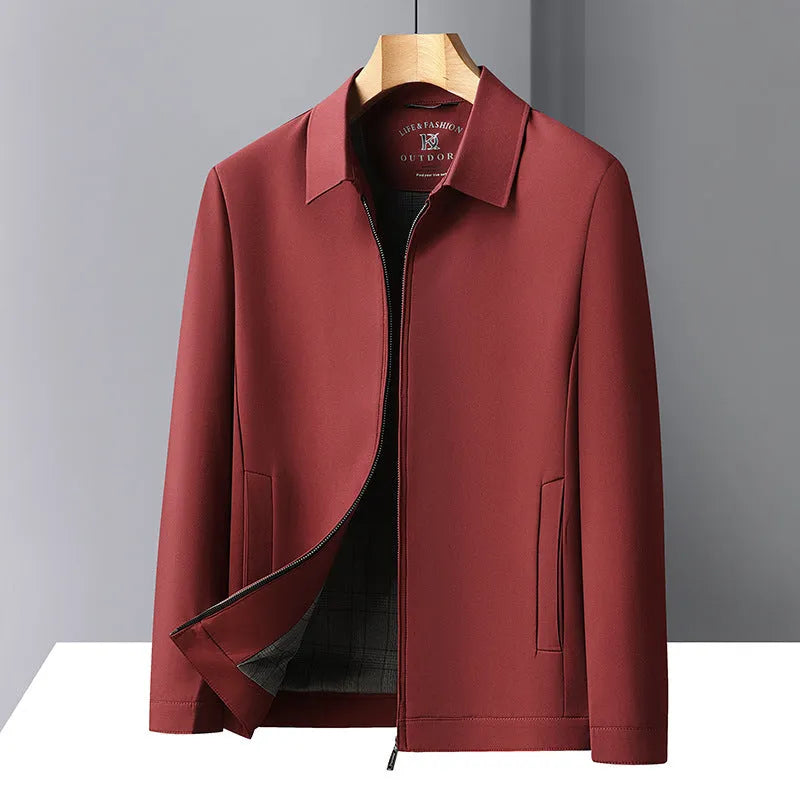 Men's solid colour casual jacket with polo collar and side seam pockets in polyester fabric