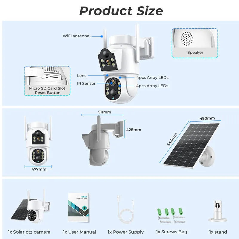 Outdoor solar-powered wireless WiFi security camera with solar panel in black or white casing