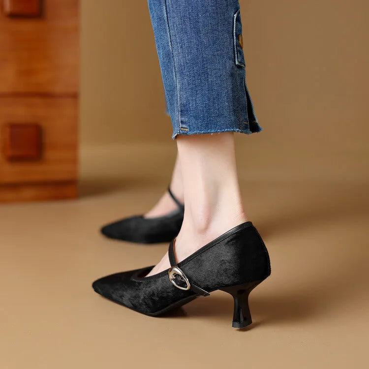 Women's black square toe ankle-strap stiletto heels with horse hair upper on wooden surface