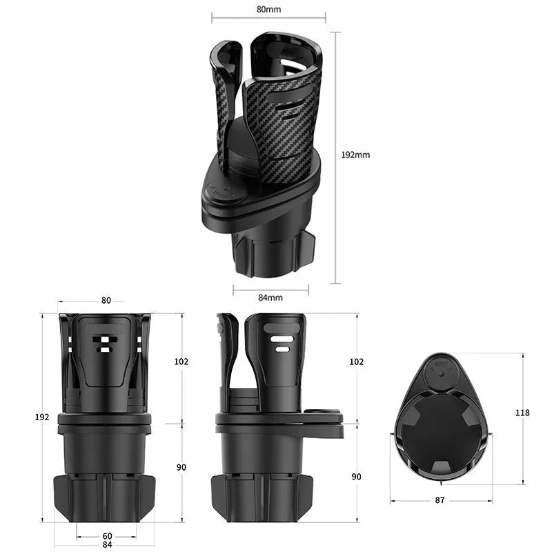 Second generation car cup holder upgrade in carbon fibre and matte black ABS plastic