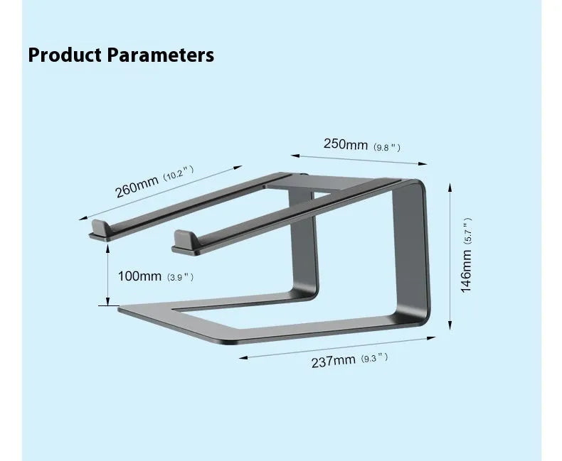 Black aluminium alloy laptop stand on a wooden desk