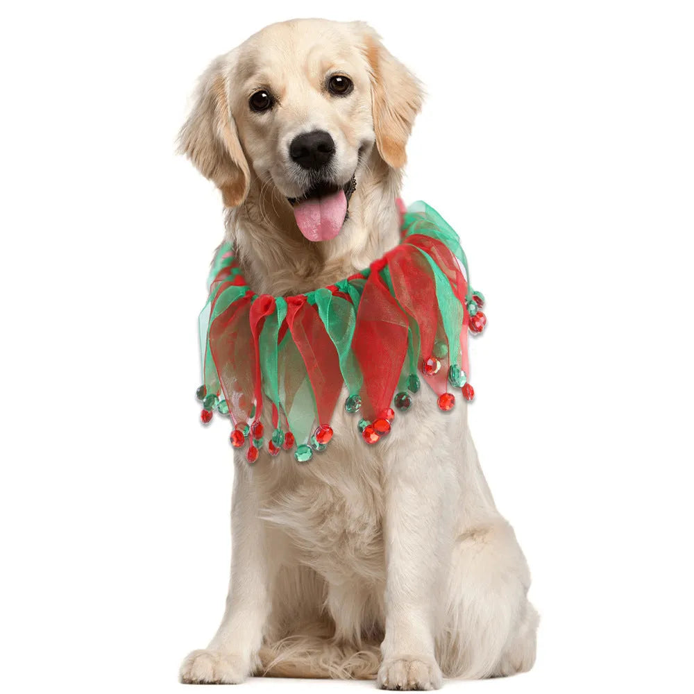 Tie-dyed cloth dog collar showing colour variations with Christmas and Halloween theme options