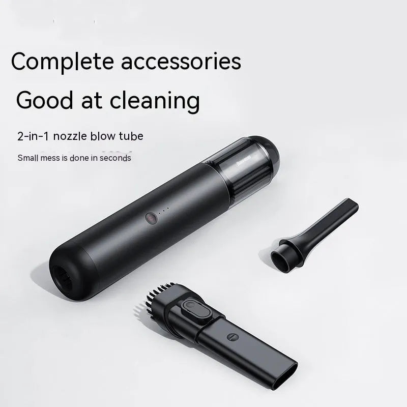 Black BASEUS A3 wireless car vacuum cleaner with cylindrical design and Type-C charging port.