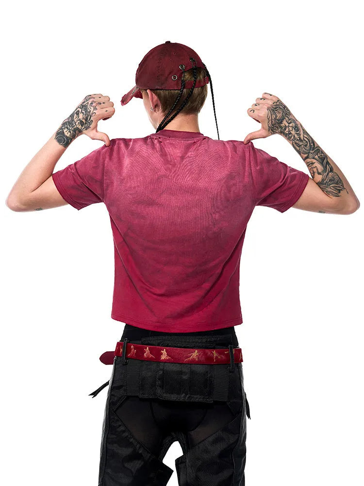 Men's red slim-fit t-shirt with distressed wash and short sleeves, laid flat.