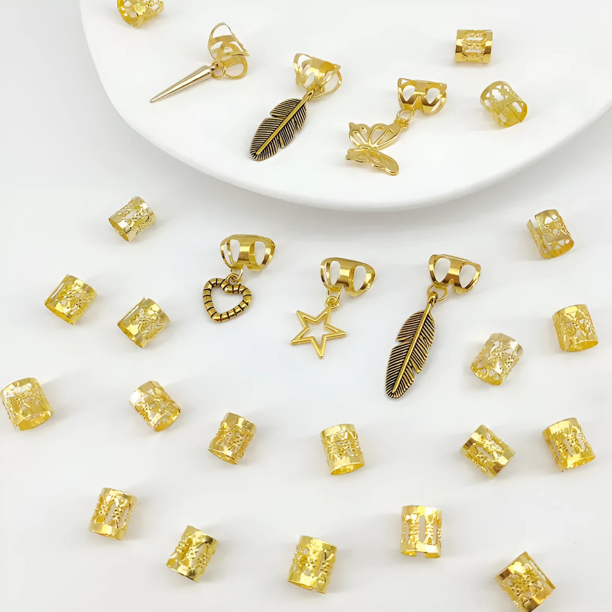 Antique style dirty braid hair rings with leaves design in gold or silver electroplated finish