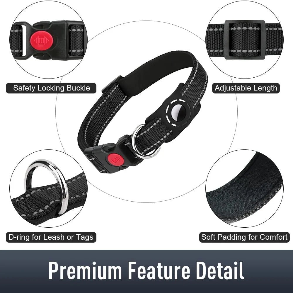 Reflective nylon dog collar with diving cloth tracker cover, in black, shown with adjustable buckle and four size options