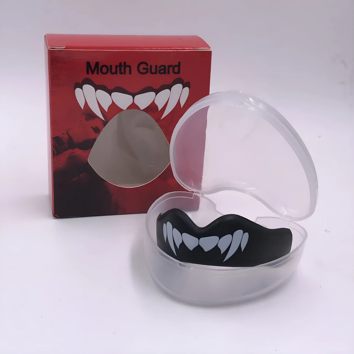 Adult boxing sports mouthguard with tooth socket free design in black, red, or blue with white teeth print.