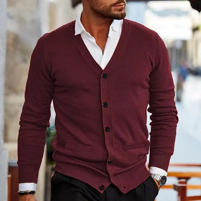 Men's slim fit acrylic cardigan sweater in autumn colours on hanger