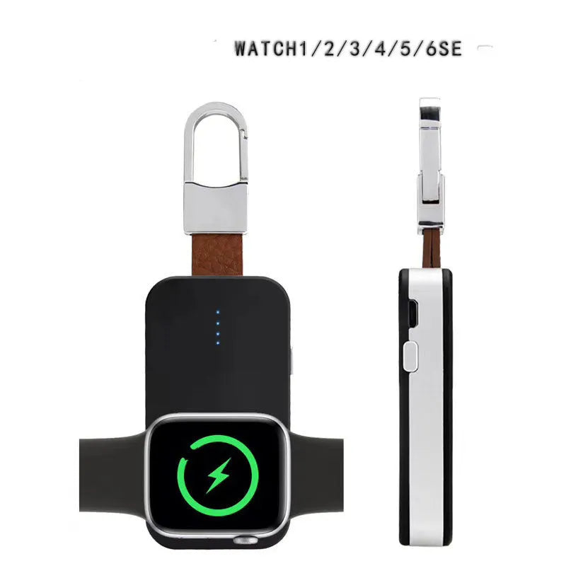 Black Apple Watch wireless power bank charger with keychain attachment showing dimensions