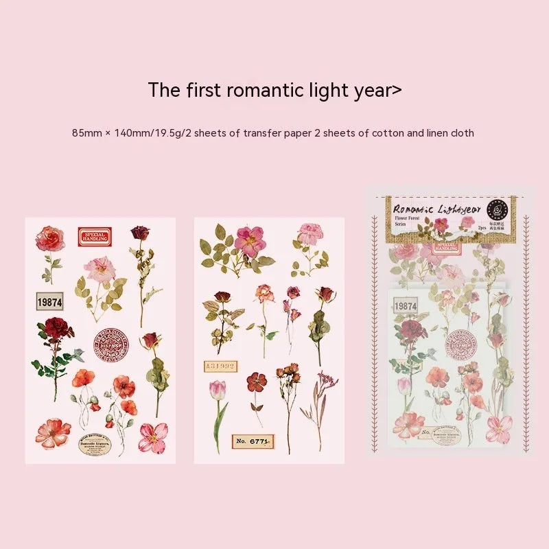 Huazhisen Series forest art sticker material pack showing printed transfer paper and cotton linen sheets