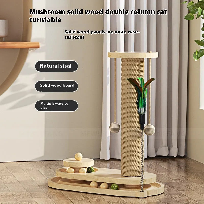 Solid wood cat scratching post climbing frame with interactive turntable in various style options