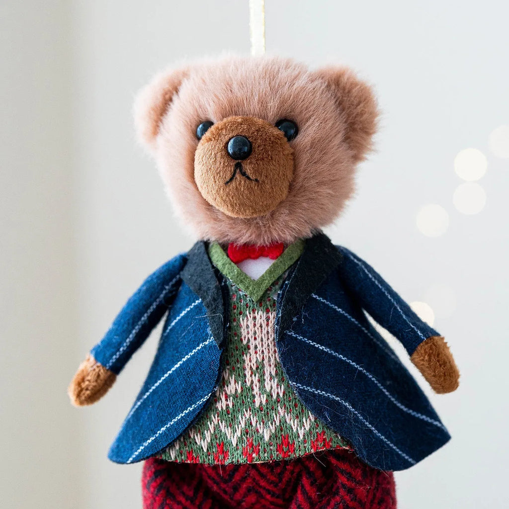 Pair of cartoon-style plush bear dolls in cotton suit plaid, featuring a gentleman bear and a princess bear.