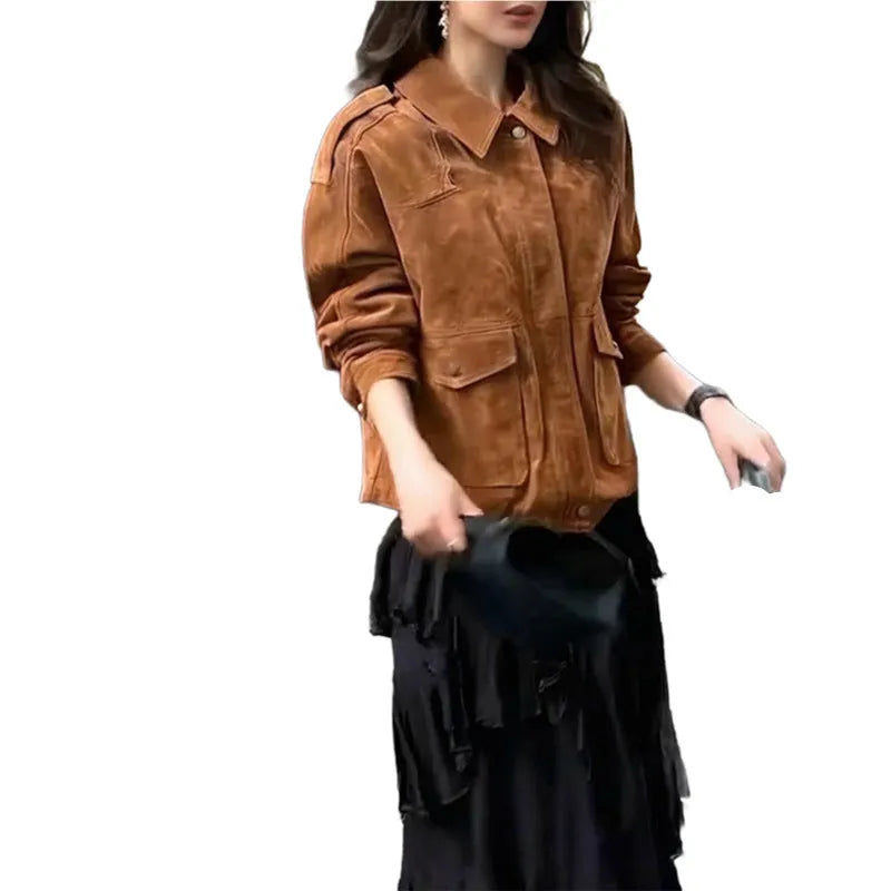 Women's brown suede coat with regular sleeves on hanger