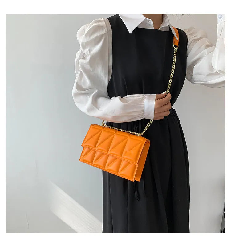 Small square PU crossbody bag with chain strap, 22cm wide, in white black green rose red or orange