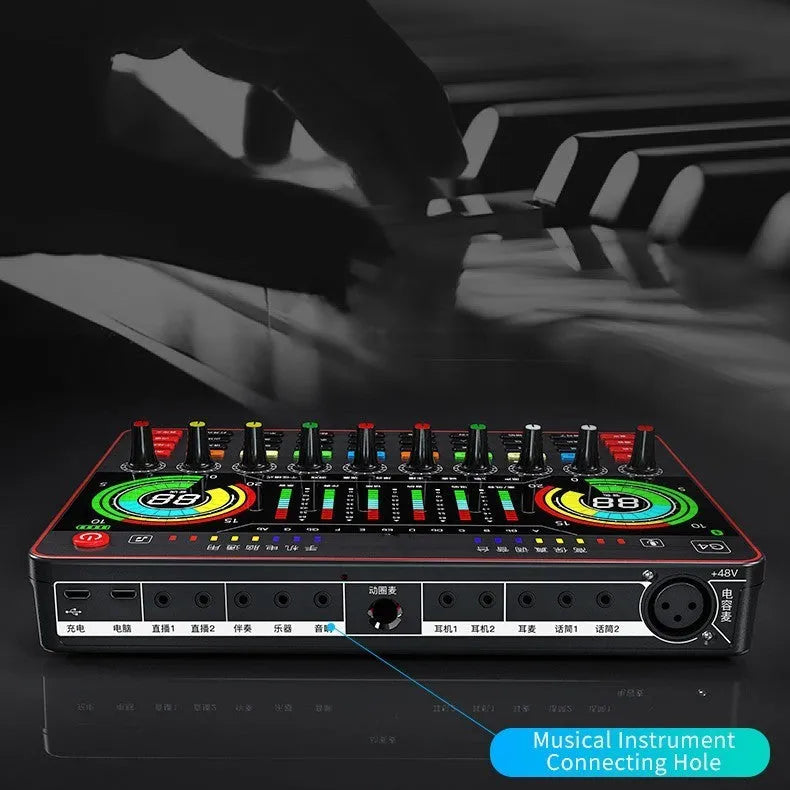 G4 professional sound card mixer with LCD display, 10 tuning knobs, and Q8 condenser microphone for live streaming setup.