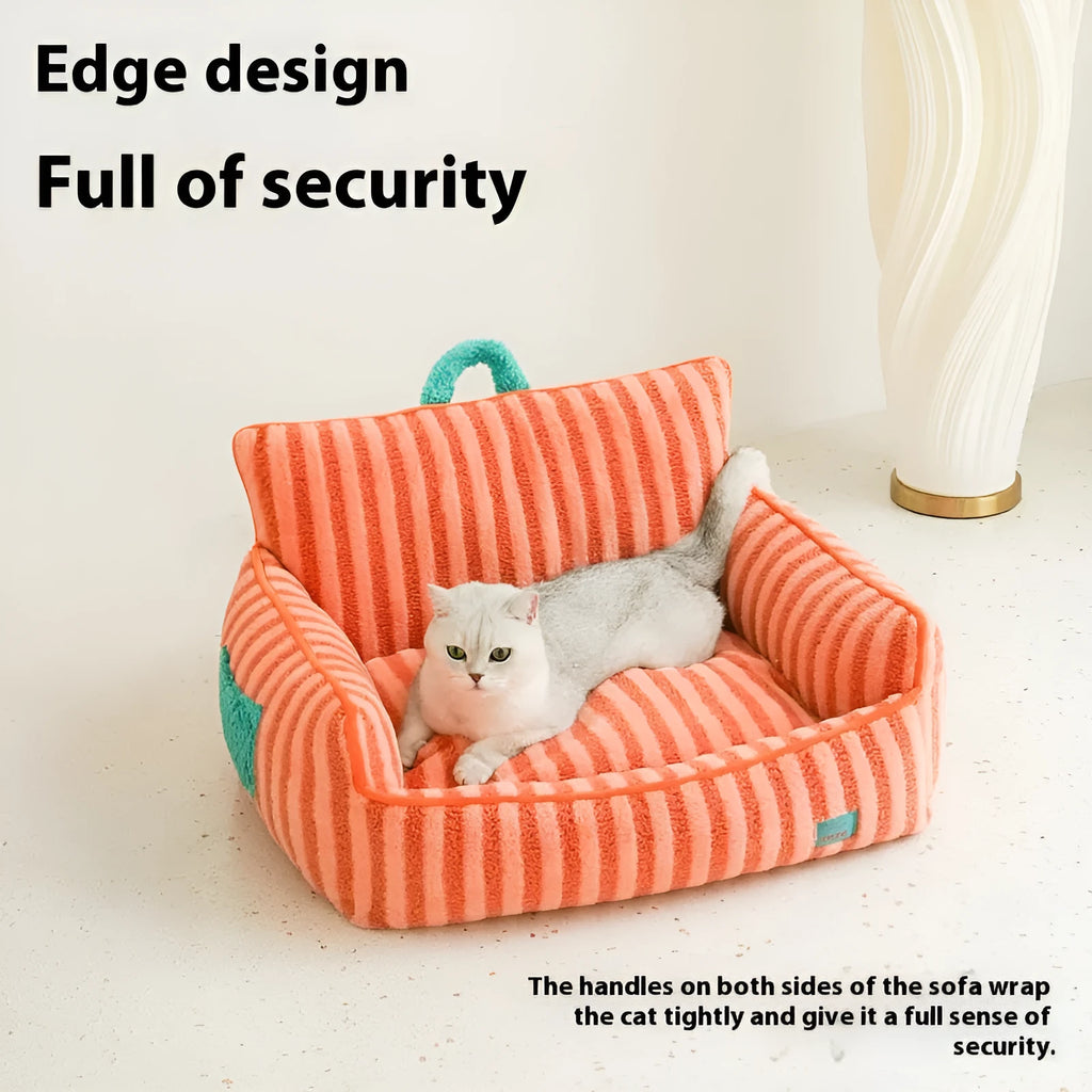 Striped orange plush fabric dog bed with a removable cover.