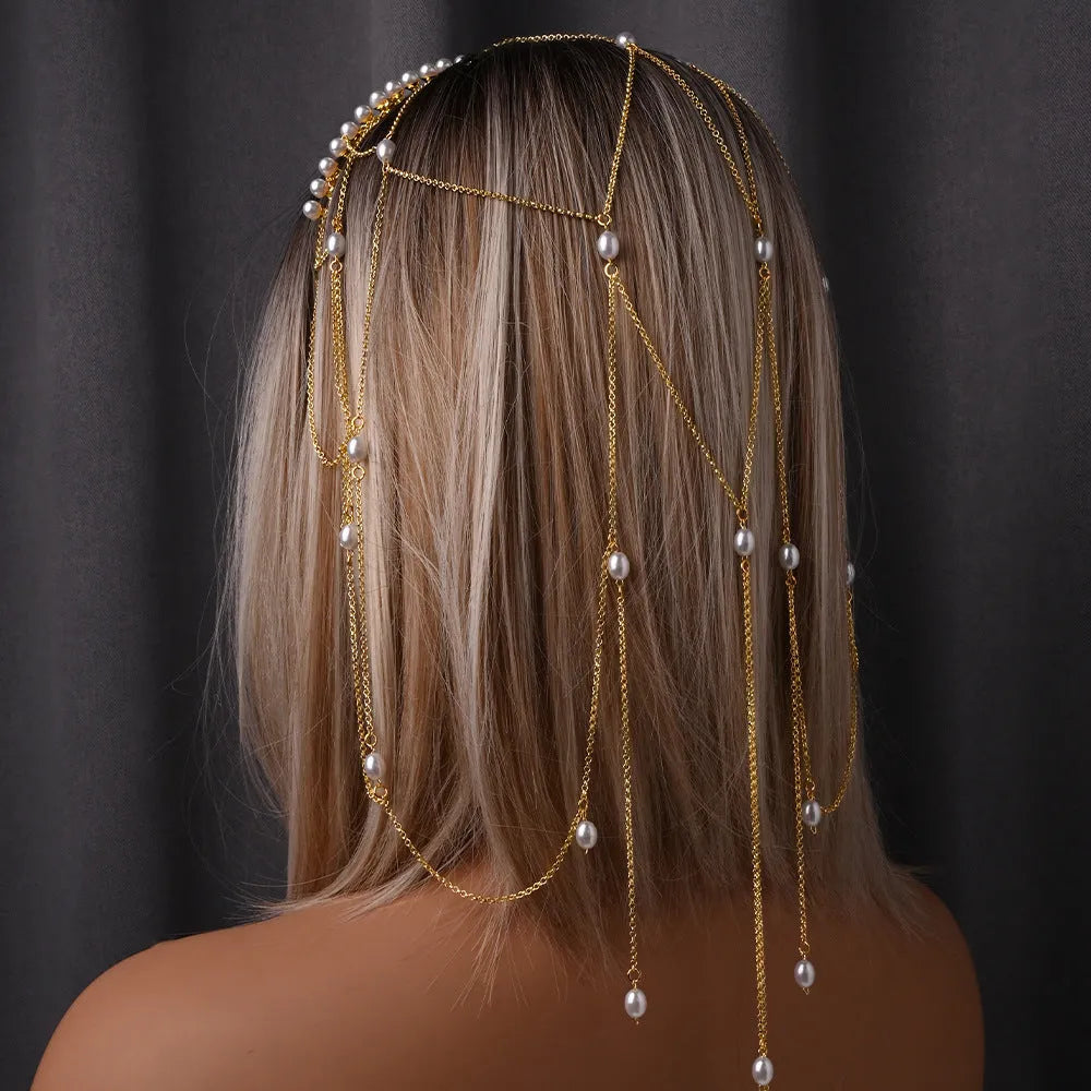 Women's pearl tassel hair chain with electroplated gold or silver finish