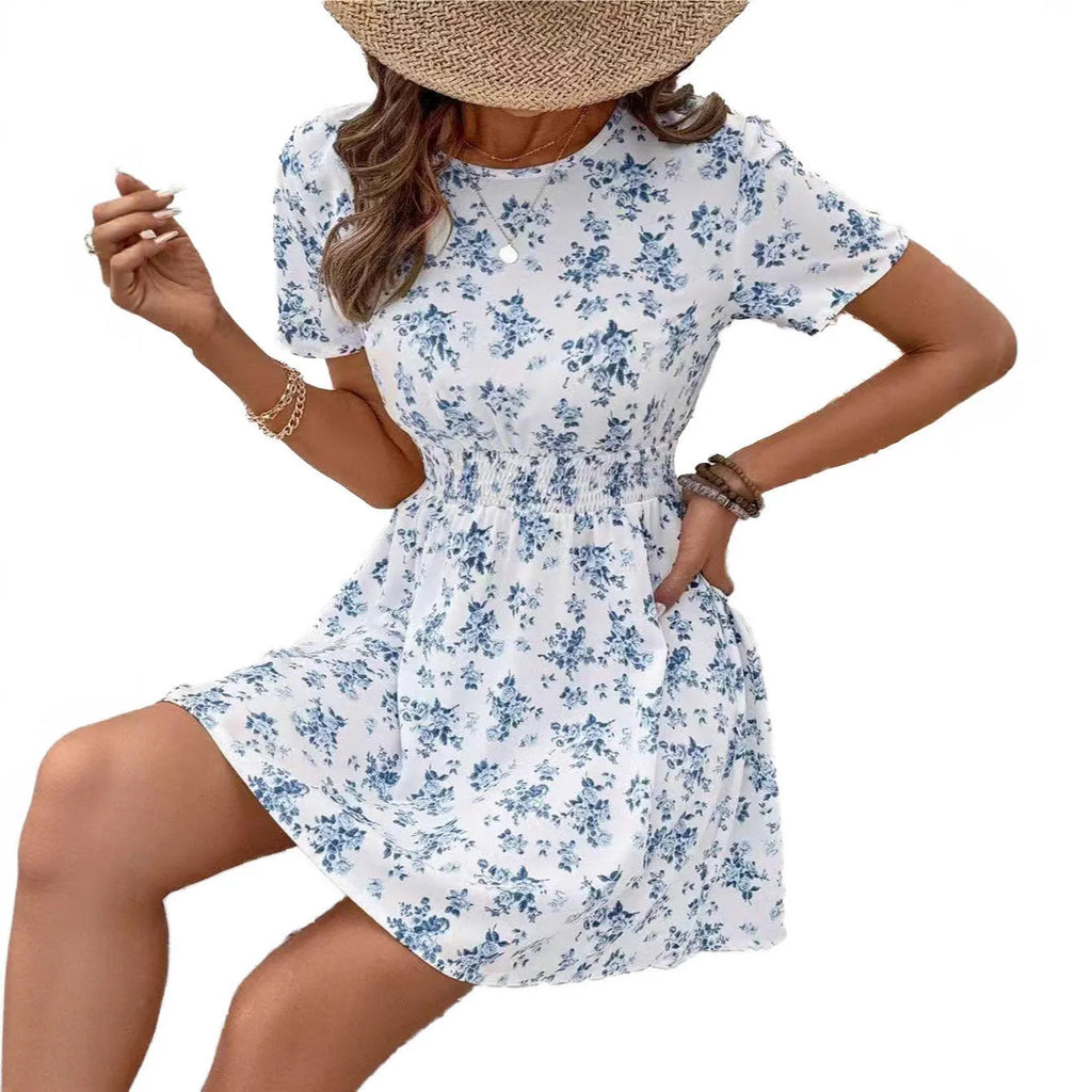 Light blue A-line casual dress with high waist and regular sleeves on mannequin
