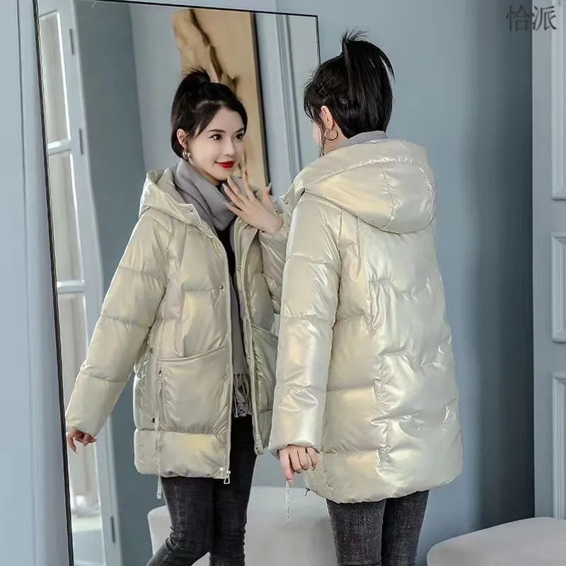 Women's loose thick hooded winter jacket in acrylic polyester blend available in four colours