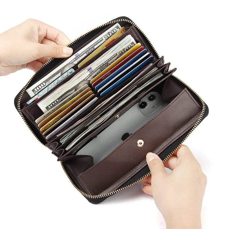 Women's long genuine leather wallet showing interior card slots and six colour options