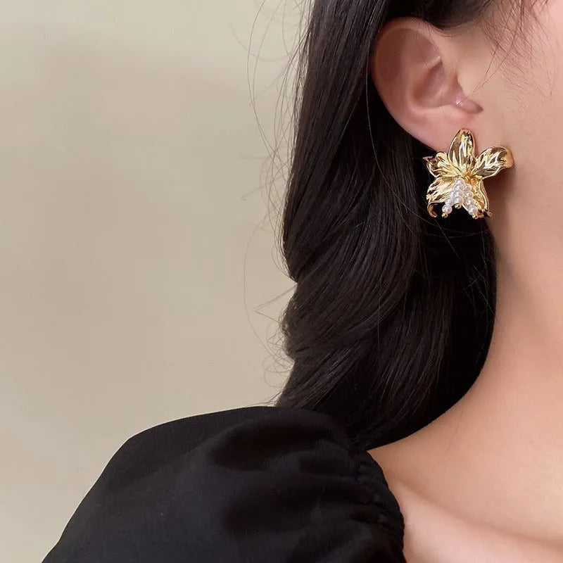 Gold H1795 plated floral earrings with Seiko treatment, hand-crafted niche style jewellery.